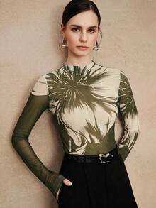 Anewsta Elegant Elegant Slim Fit Semi-High Neck Coffee Brown T-Shirt Women Long Sleeve Premium Vintage Print Mesh Base Layer Top - Army Green - View 2
