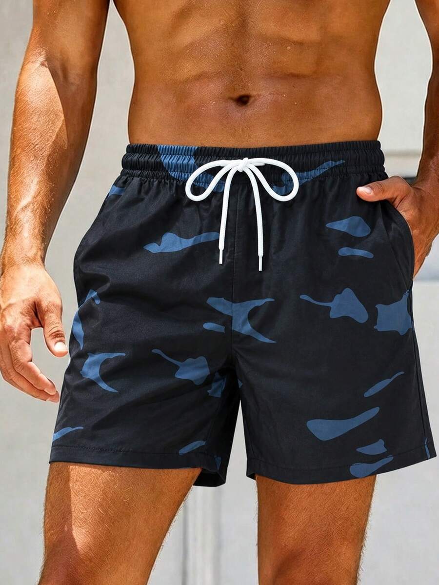 Naviga Onda Plus Size Men's Camouflage Print Drawstring Waist Beach Shorts Holiday / Vacation / Beach / Hawaii / Tropical / Swim / Bathing - Black - View 1
