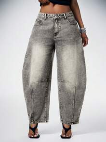 Denimoi Barrel Leg Washed Denim Jeans Fashionable Denim Fall & Winter - Black - View 1