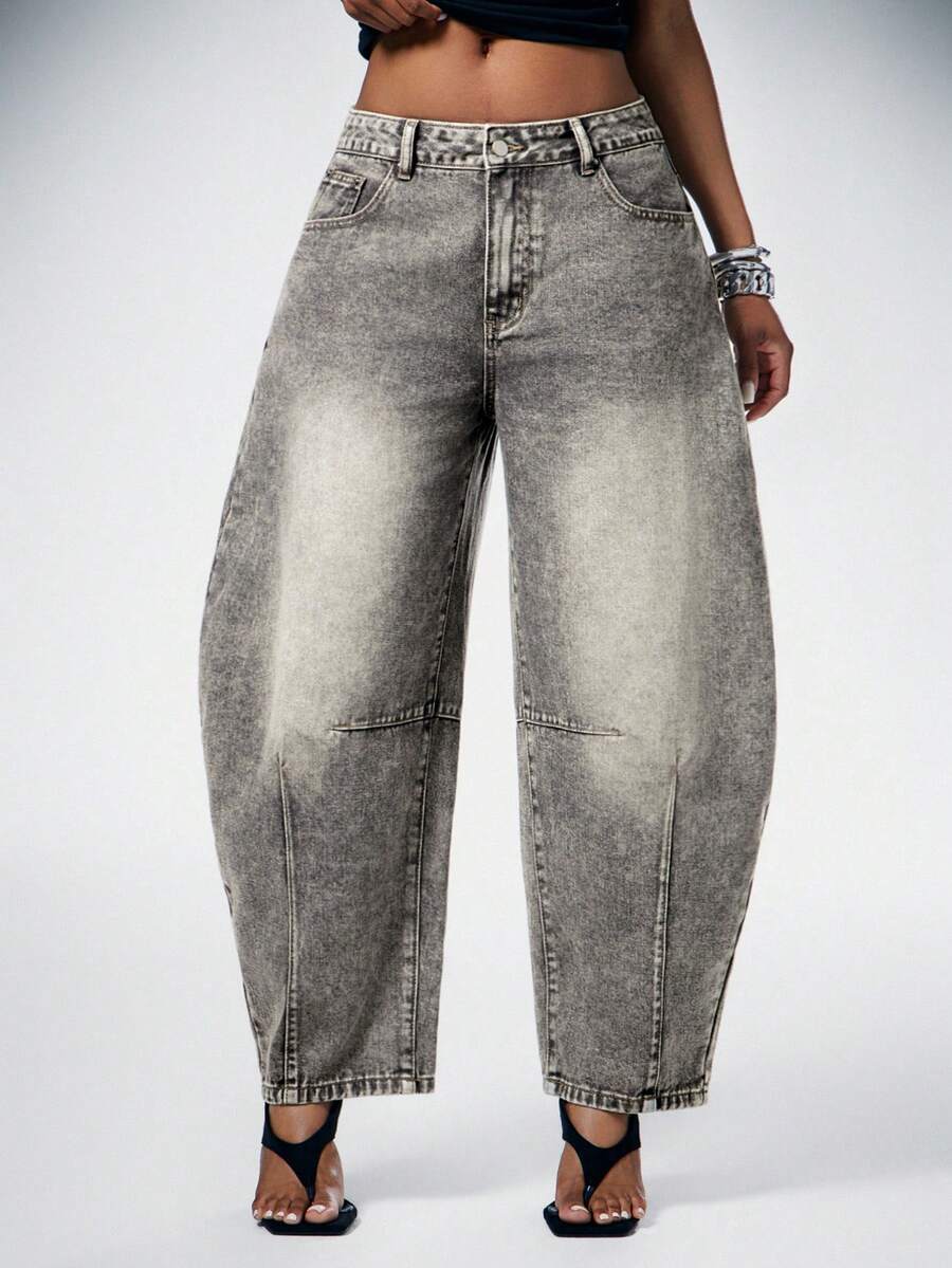 Denimoi Barrel Leg Washed Denim Jeans Fashionable Denim Fall & Winter - Black - View 1
