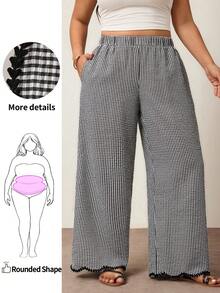 Enliva Plus Size Women's Casual Boho Loose Comfortable Elastic Waist Wide Leg Pants, Vacation Pants, For Apple And Rounded Body Shape Black And White - Blue - View 1