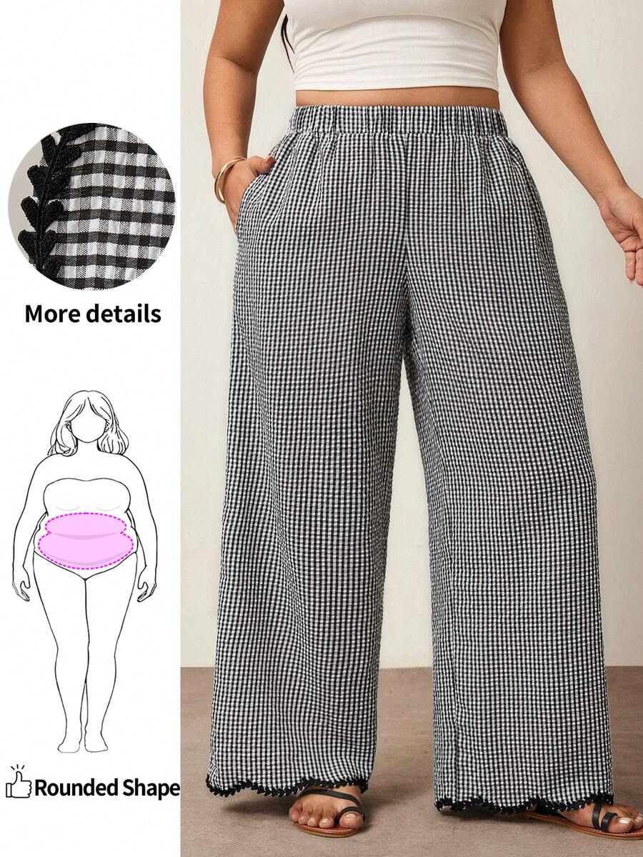Enliva Plus Size Women's Casual Boho Loose Comfortable Elastic Waist Wide Leg Pants, Vacation Pants, For Apple And Rounded Body Shape Black And White - Blue - View 1
