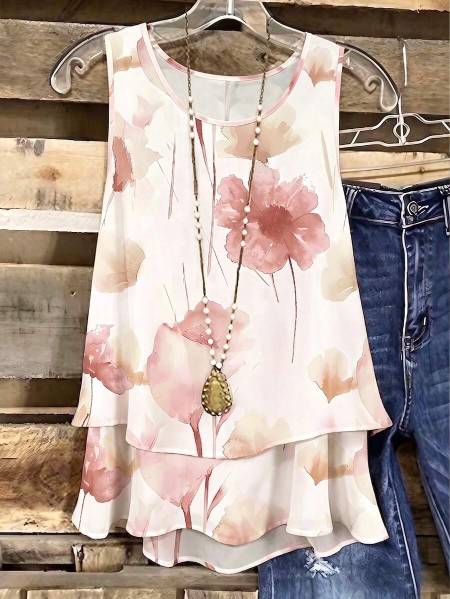 Linhara Plus Size Luxury High-End Fresh Floral Print Double Layer Camisole Tank Top Summer Casual Outfit For Going Out And Party - Pink - View 1