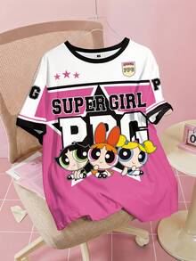 THE POWERPUFF GIRLS X SHEIN 大尺碼女款圓領字母卡通印花休閒日常夏季T恤 - 白色 - 查看 1