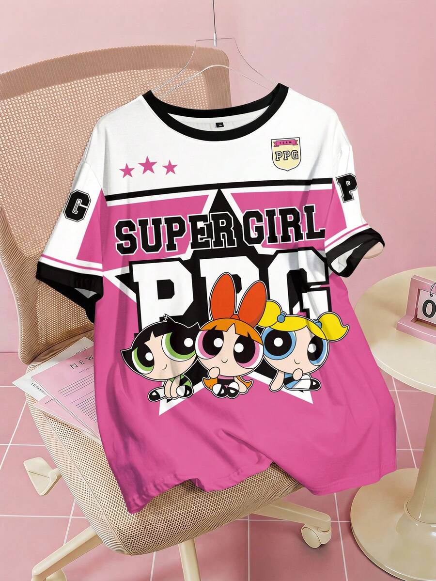 THE POWERPUFF GIRLS X SHEIN 大尺碼女款圓領字母卡通印花休閒日常夏季T恤 - 白色 - 查看 1