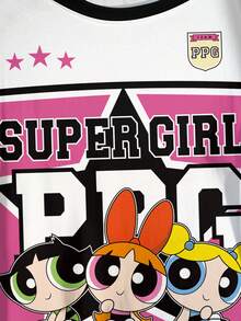 THE POWERPUFF GIRLS X SHEIN 大尺碼女款圓領字母卡通印花休閒日常夏季T恤 - 白色 - 查看 4