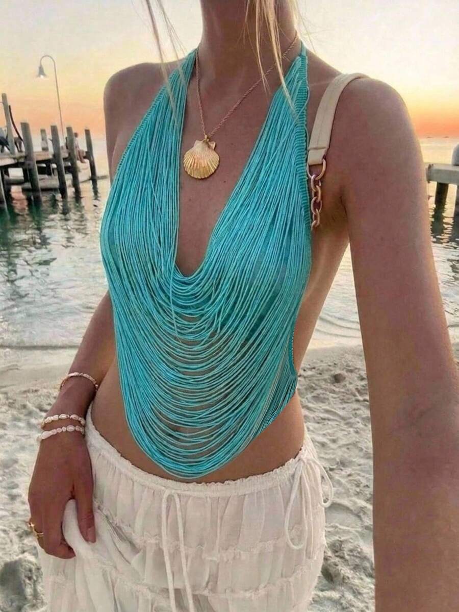Aloruh 女款露背掛脖流蘇上衣,綠松石色波希米亞休閒夏季海灘度假風,Y2K音樂節熱帶風 - 薄荷綠 - 查看 1