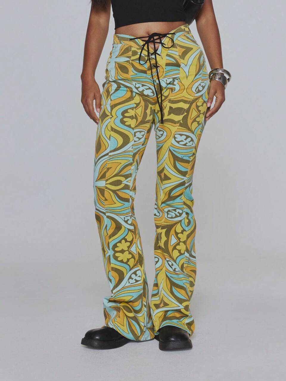 Blue Orange Yellow Mixed Print Denim Flared Lace Up Jeans