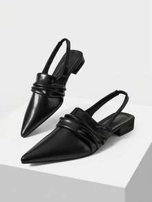 Mnmlis French Pleated Black Pointed Toe Low Slingback Shoes, Retro Rear Strap Versatile Outer Women's Shoes, Spring And Summer Low-Heeled Commuter Women' - Black - View 2