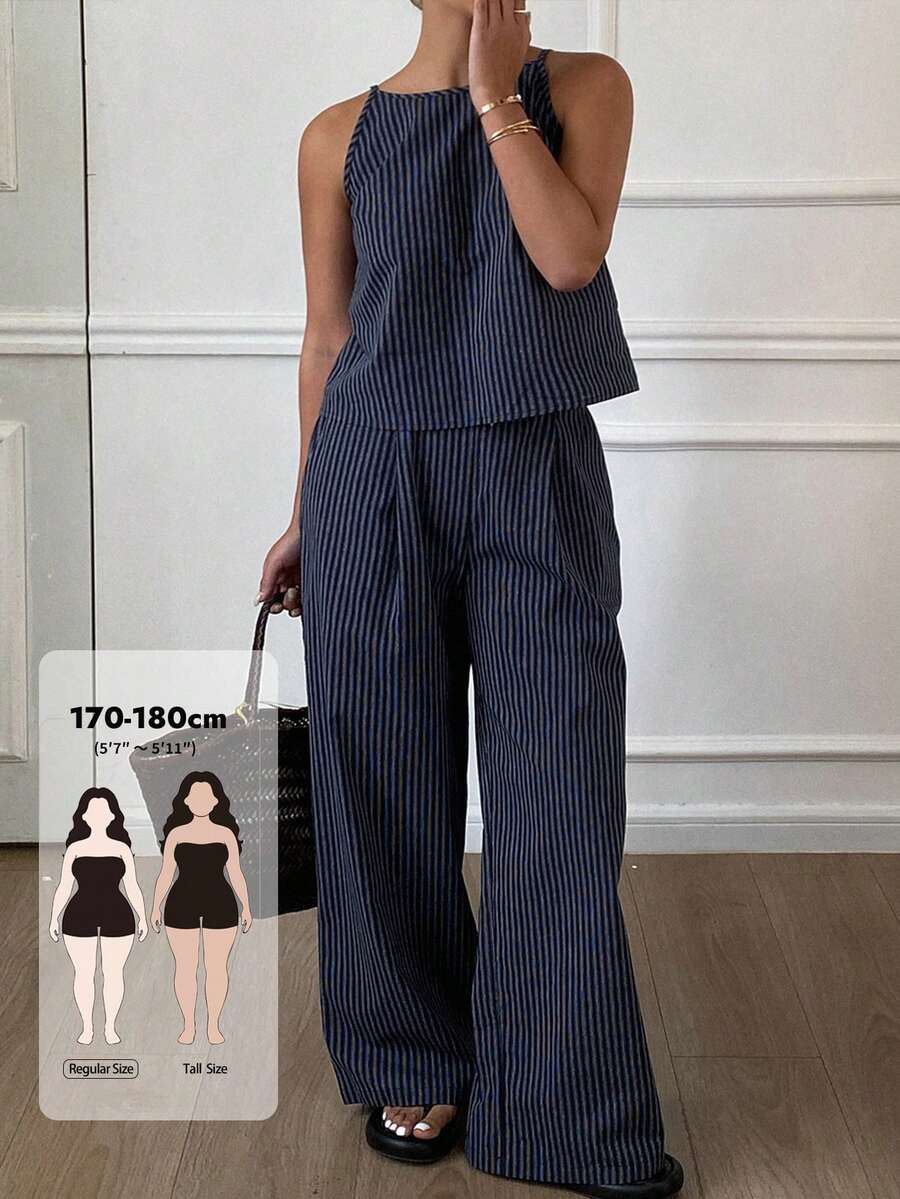 Dazy Tall Curve Summer Fashion Striped Spaghetti Strap Top And Long Pants Casual Two Pieces Set Tall Plus Size Women Spring Summer Outfit - Navy Blue - View 1