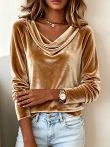 SHEIN LUNE Blusa de moda para mujer de unicolor con cuello de capucha y mangas raglán largas - Dorado - Ver 3