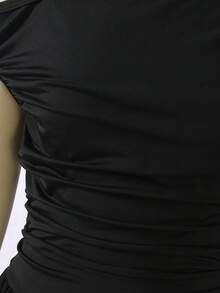 SHEIN 少女優雅返校黑色純色不對稱領口無袖高腰喇叭裙 - 黑色 - 查看 3