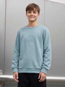 SHEIN 青少年男孩休閒寬鬆舒適百搭素色壓紋圓領運動衫 - 藍色 - 查看 6