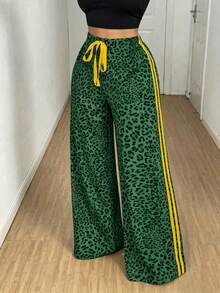 Eryvara 女款休閒彈性腰帶豹紋寬鬆寬腿長褲 / 附口袋 / 對比色緞帶蕾絲蝴蝶結 / 適合春夏秋冬 / 百搭性感居家 / 返校季 / 街頭風 / 長褲 - 綠色 - 查看 7