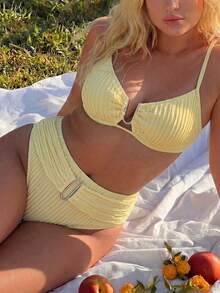 Swim Vcay 2026 New Spring/Summer Yellow Textured Fabric Silver U-Shaped Decor Bikini Set Suitable For Beach And Vacation - Yellow - View 1