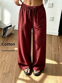 SHEIN 青少年女孩春夏海灘度假休閒日常居家穿著 百搭 100%純棉梭織舒適素色寬鬆長褲附口袋 - 黏土紅 - 查看 5