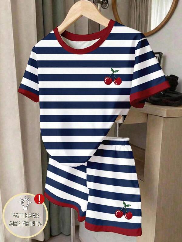 SHEIN 1 Random Set From 2 Designs. New Soft Fabric Crewneck Pullover T-Shirt & Elastic Waistband Shorts | Cute Spring/Summer/Autumn Daily Wear