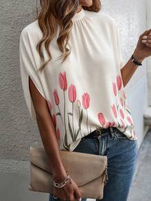 Louniche Women's Standard Size Spring/Summer Lace-Up Stand Collar Batwing Sleeve Leaf Multi-Color Print Loose Casual Vacation Blouse - Multicolor - View 8