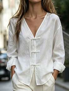 SHEIN LUNE Women's Linen V-Neck Long-Sleeve Fringed Qipao-Style Button-Down Shirt, Fall Outfits, Button-Down Shirt, Basic Fashion Top, Social Outfit - White - View 1
