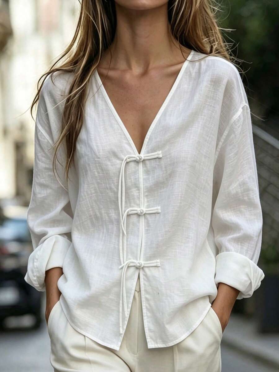 SHEIN LUNE Women's Linen V-Neck Long-Sleeve Fringed Qipao-Style Button-Down Shirt, Fall Outfits, Button-Down Shirt, Basic Fashion Top, Social Outfit - White - View 1