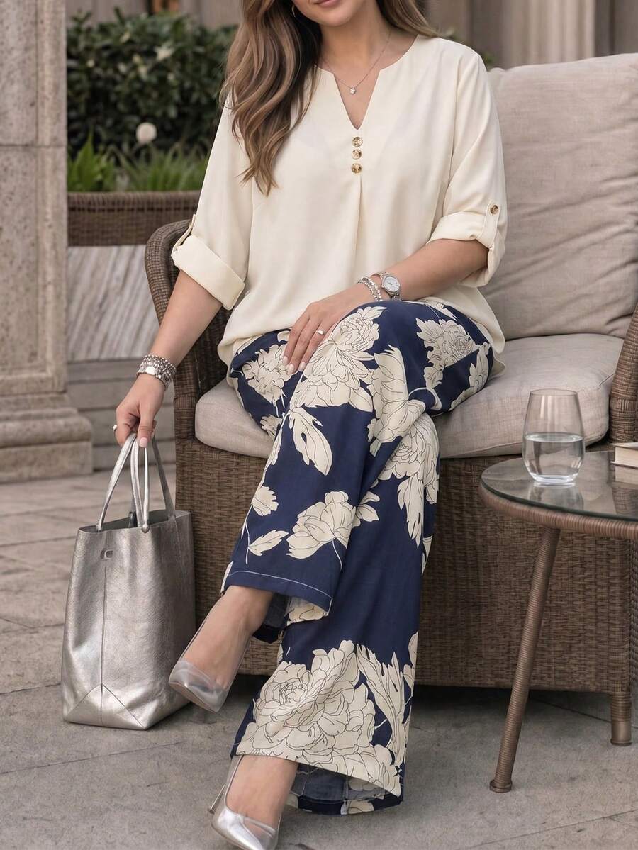 Lacomfia Women's Split Round Neck Adjustable Long Sleeve 3/4 Sleeve Solid Color Shirt Monochromatic Print Straight Leg Pants Casual Plus Size Set Fall - Multicolor - View 1