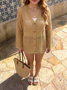 Vivid Eden Plus Size Women's Solid Color Drop Shoulder Long Sleeve Hollow Out Thin Cardigan Dates Formal Wedding Guest Vacation Beige Autumn Soft Bohemian Casual - Khaki - View 7
