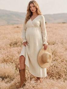Boho Mama Apricot A-Line Dress With Ruffled Cuffs Cotton Fabric Suitable For Autumn Daily Wear Photoshoot And Vacation Country Style Maternity Normal For Women - Khaki - View 4