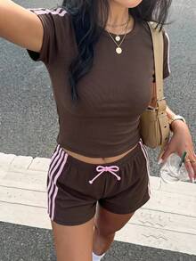 青少年女孩休閒對比粉色膠帶純色棕色針織短褲套裝 夏季穿搭 2件套 - 棕色 - 查看 2