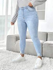 SHEIN ICON 大码女式口袋纽扣休闲百搭日常牛仔裤 - 淺色水洗藍 - 查看 4