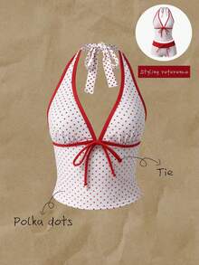 Elavelle Chic Polka Dot Halter Neck Tankini Set With Knot Front And Short Bottoms Multicolor - Multicolor - View 4