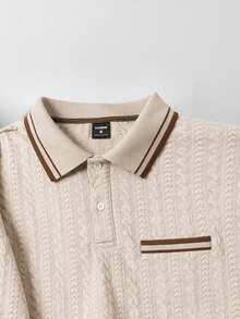 Manfinity Joysei Plus Size Men's Textured Striped Button-Placket Short Sleeve Polo Shirt, Suitable For Commuting And Everyday Wear - Khaki - View 5