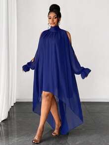 Maweii Vestido elegante de talla grande de unicolor con cuello alto, hombros descubiertos, corto por delante y largo por detrás para otoño - azul real - Ver 3