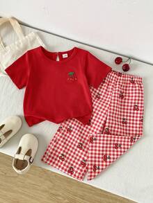 SHEIN Playful Pals 女嬰圓領櫻桃刺繡短袖T恤與格紋長褲休閒日常套裝 - 紅色 - 查看 3