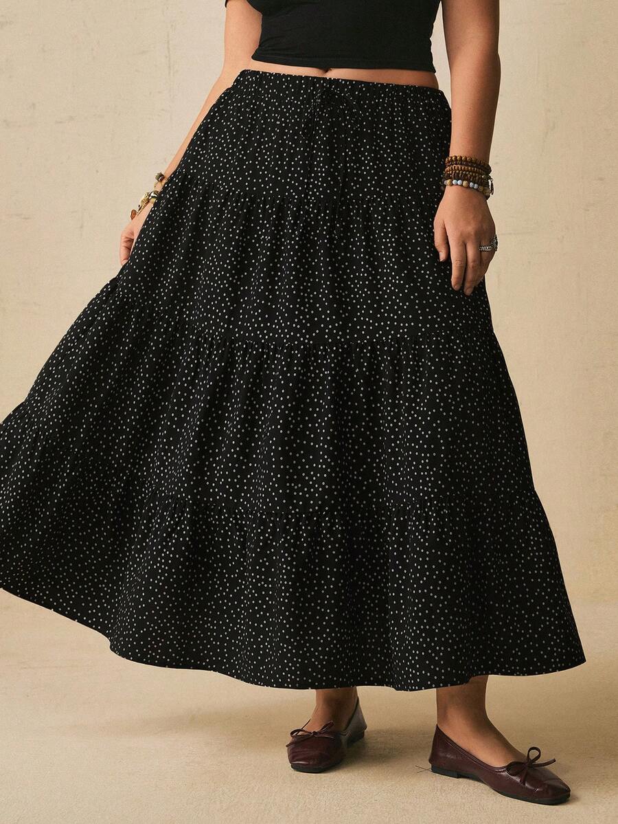 Freevana Damen Große Größen Langer Schwarz & Weiß Polka Dot Mehrschichtiger Kuchenrock A-Linie Locker Elegant Lässig Romantisch Frühling Sommer Frühherbst Oberbekleidung - Schwarz und Weiss - Übersicht 1