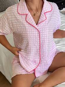 Dazy Plus Summer Sweet Plaid Trim Short Sleeve Ruffle Shorts Set Plus Size Women Spring Summer Pink Cute Pajama Set - Pink - View 2