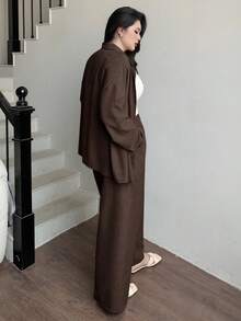 Dazy Tall Curve Setelan 2 potong kemeja lengan panjang longgar kasual warna polos dan celana panjang, cokelat, pakaian sehari-hari musim semi/panas/gugur. - Coklat - View 2