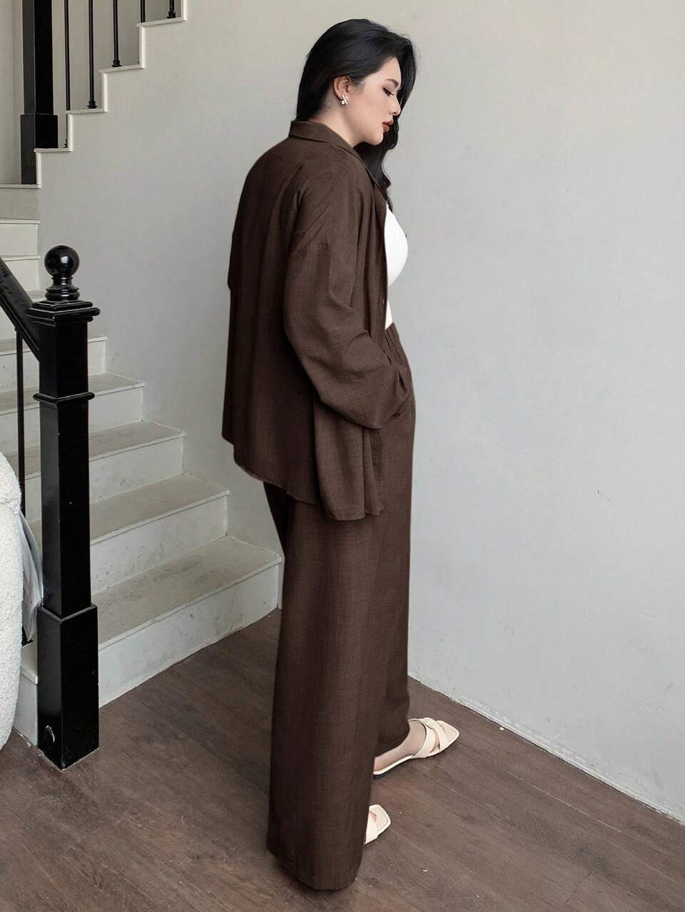 Dazy Tall Curve Solid Color Casual Loose Long Sleeve Shirt And Long Pants 2pcs Set Brown Spring Summer Autumn Daily Wear Vacation Office