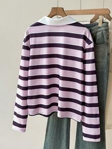 Muvela Women's Collared Long Sleeve Pink And Purple Striped Casual Preppy T-Shirt School Fall - Multicolor - View 2