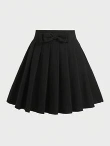 SHEIN Tween女孩 春夏返校季 梭織黑色蝴蝶結休閒百褶裙 - 黑色 - 查看 6