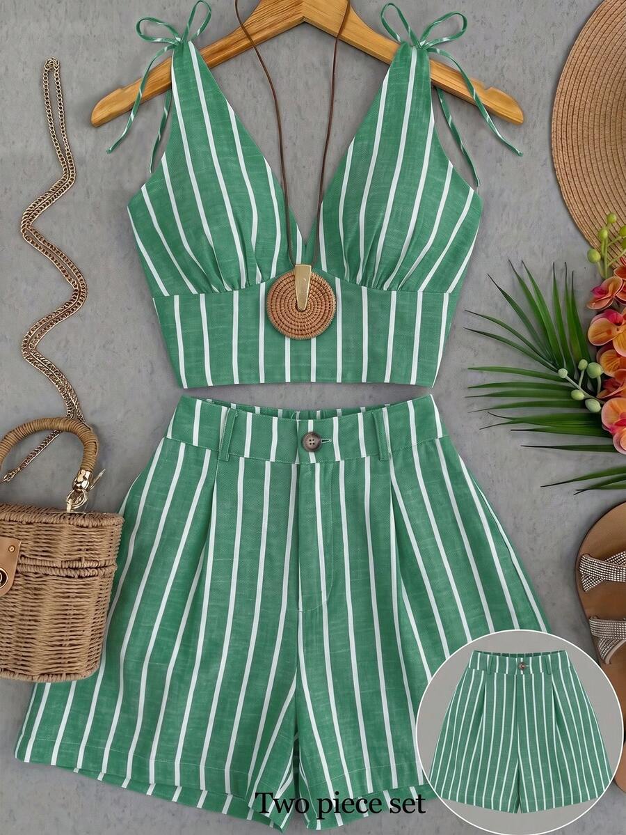 SHEIN Franclia Fashionable Vacation Versatile Striped Set - Green - View 1
