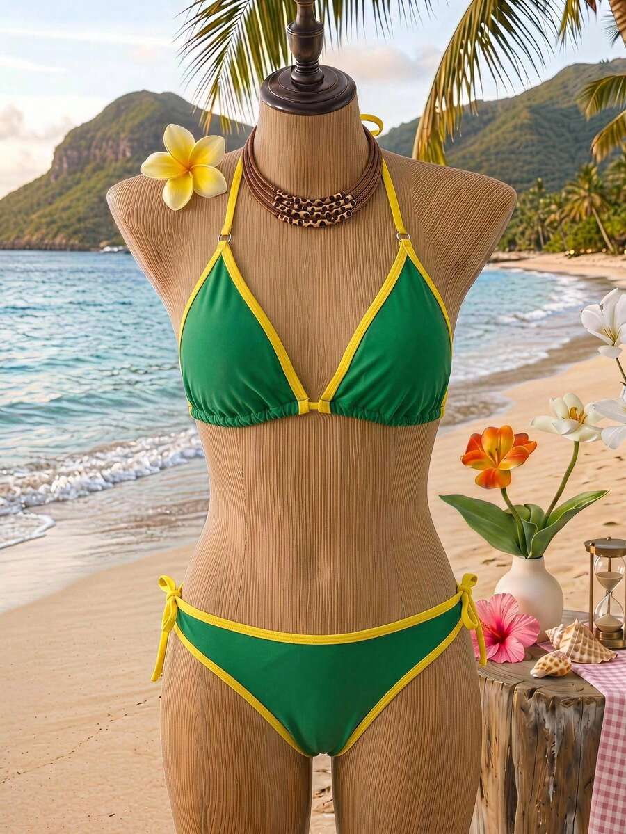 SHEIN 少女纯色简约海军蓝白撞色吊带比基尼套装,休闲沙滩度假装,夏季新款绿色黄色比基尼泳衣,青少年两件式比基尼套装,少女比基尼套装,少女泳装,两件式夏季套装,两件式泳衣 - 墨綠色 - 查看 1