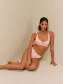 lacRébo Pink Floral Embroidered Mesh Lingerie Set With Underwired Bra And Matching Ruffled Thong Romantic Cute - Pink - View 3