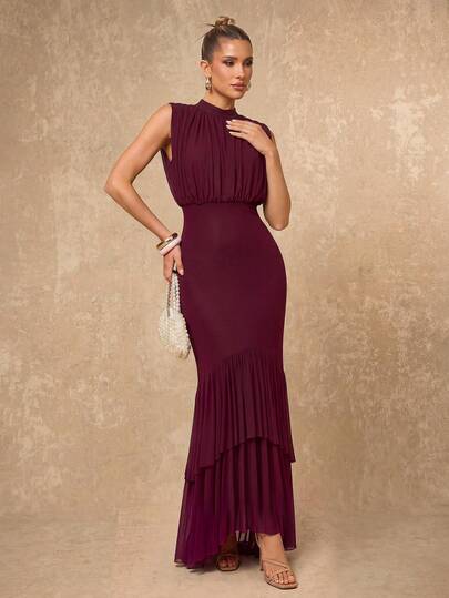 Lumalex Vestido de Noite Feminino Extra Longo em Tule Fluido Macio, Franzido, com Gola Alta, Ajustado ao Corpo e Bainha Sereia Multicamadas