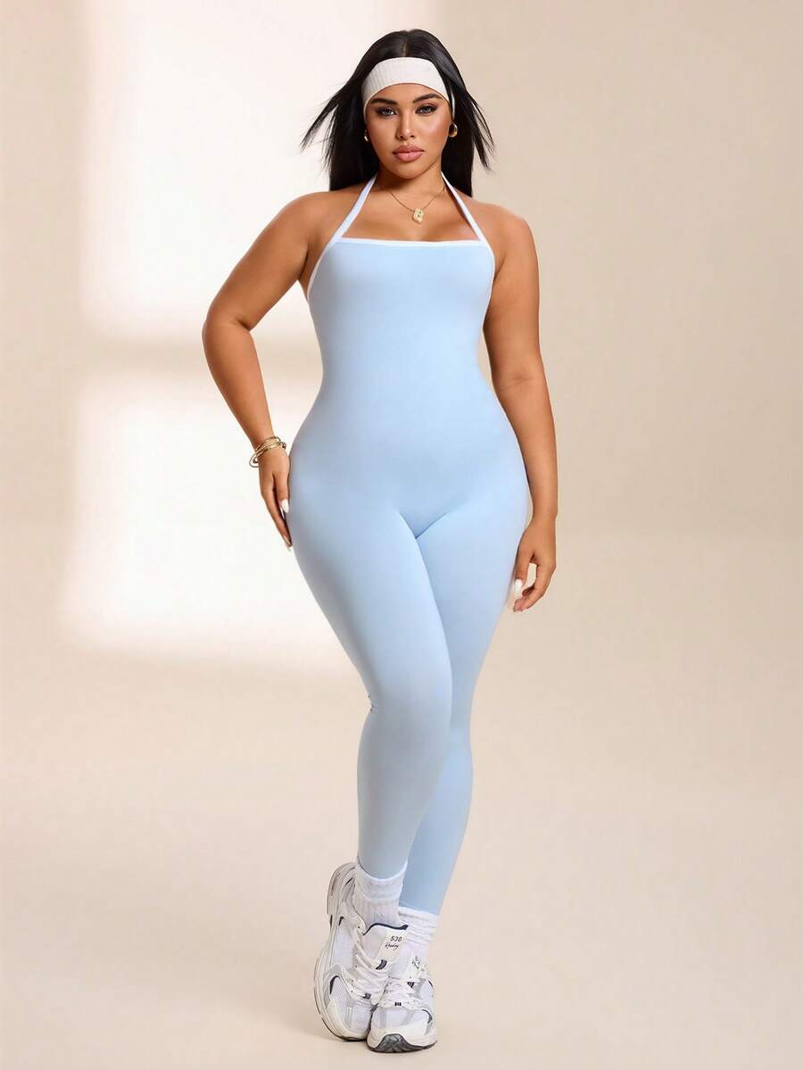 SHEIN Rhythm Era 女款大尺碼無縫露背運動休閒連身褲 - 藍色 - 查看 1