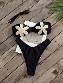 Bonvoyette Women's Summer Light Beige Elegant 3D Knit Floral Star Embellished Halter Bikini Set, Sexy Style Beach Vacation Body-Flattering Swimwear Black - Black - View 3