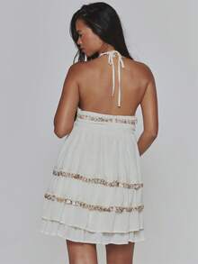MUSERA Layered Ruched Shell Embellished Halterneck Mini Dress - Beige - View 4