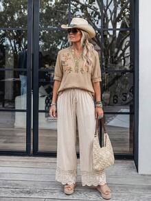 Wildy BOHO Lässig Western Country Nomad Damen Sommer Alltag Basic Outfit Bestickte Kurzarm Bluse für Ausflüge und Pendeln - Aprikosenfarben - Übersicht 8