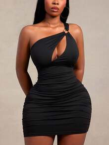 SHEIN SXY Plus Size Women Solid Color One Shoulder Metal Decor Pleated Sexy Date Rave Dress Black Summer - Black - View 7