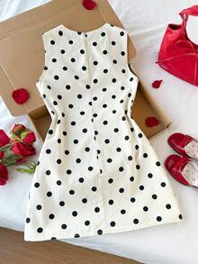Comfortcana Plus Size Women's Polka Dot Pattern Sleeveless Denim Dress,Beige Summer Cute Everyday Casual Outfits,Elegant Party Beach Vacation Ceremony Clothing - Black and White - View 2