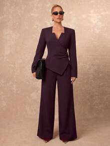 Lumalex Deep Plum Wrap Blazer With Notched Square Neck Asymmetric Front Ruched Waist Back Waist Tie Long Sleeves Tailored Suit Jacket Autumn Work Style - Burgundy - View 8